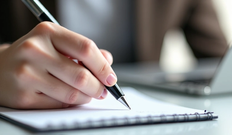 Eine Hand hält einen Stift und schreibt auf ein Notizbuch, symbolisierend das Senden einer Nachricht.