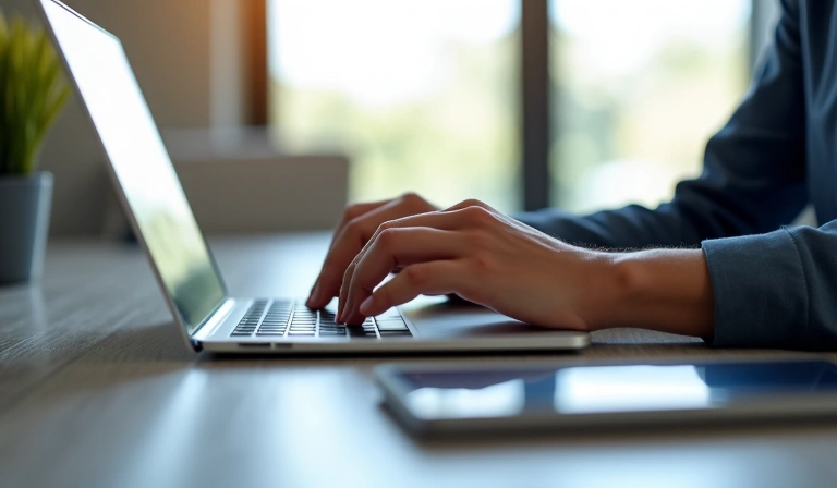 Eine Person tippt auf einer Tastatur, um eine Nachricht zu senden.